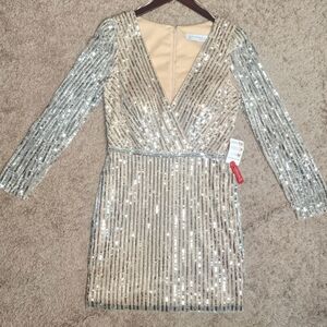 Mac Duggal Silver and Gold Sequin Mini Dress